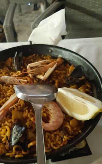 Paella served at Les Peupliers campsite restaurant on the banks of the Canal du Midi